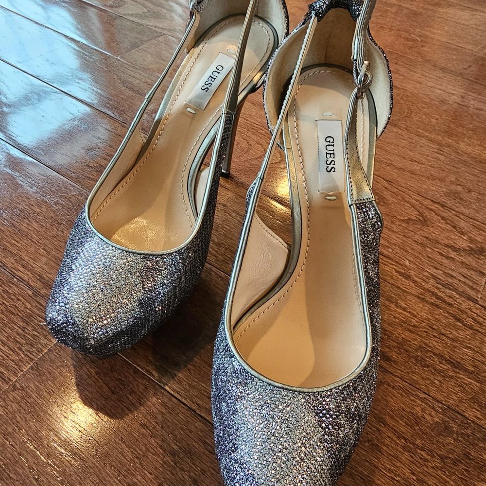 Guess Jacoba womans heels silver fabric, high heels, size 7